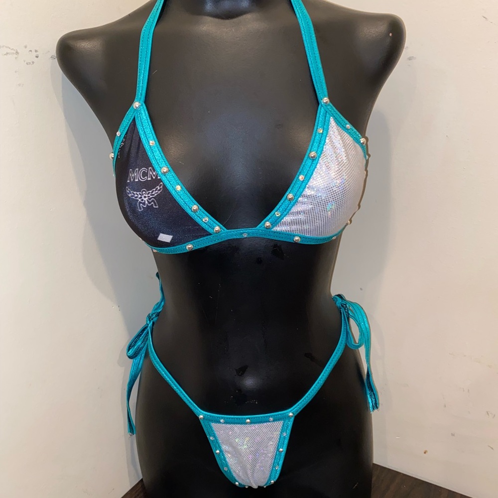 Silver w/Aqua Exotic dance wear Bikini